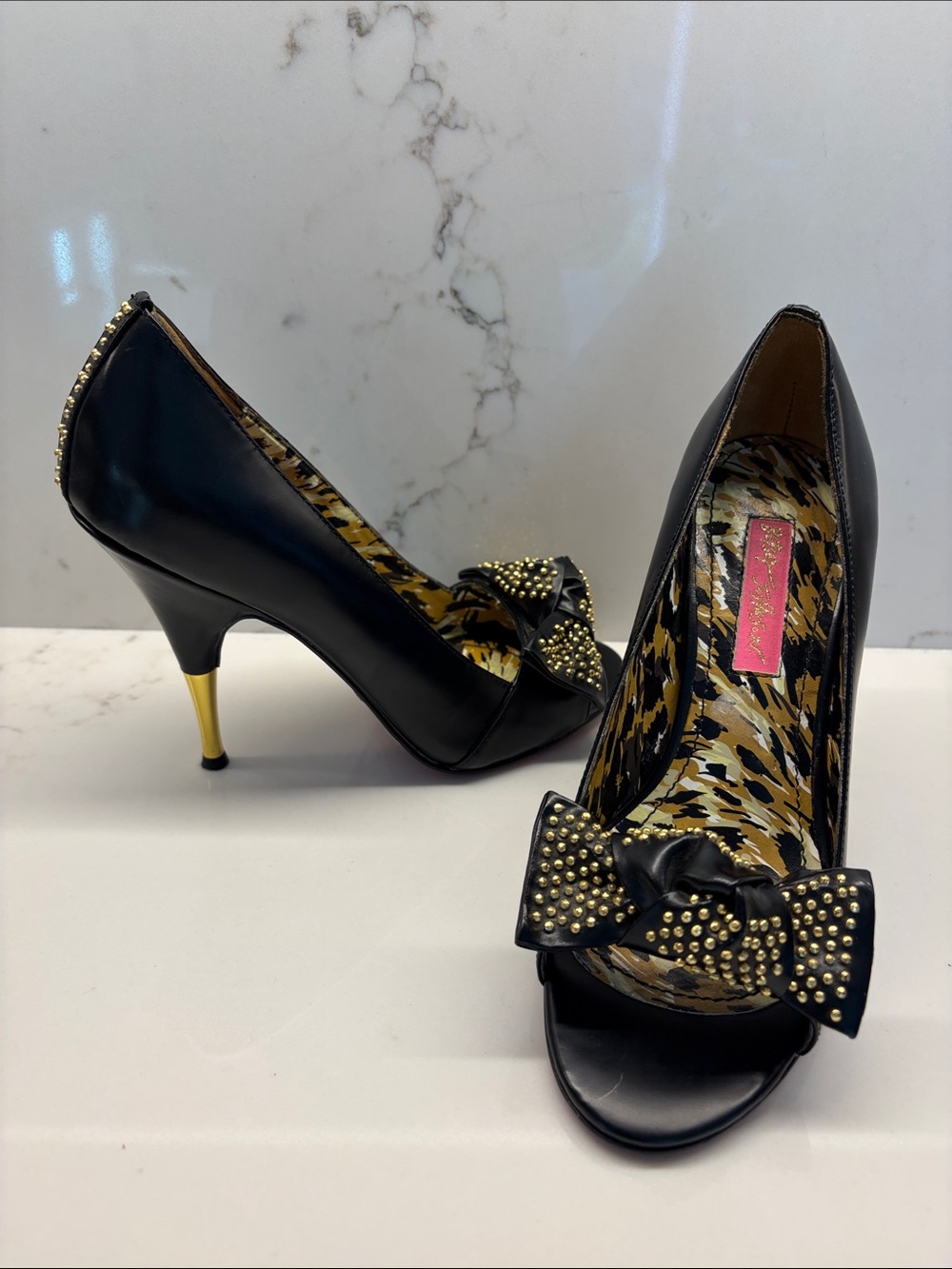 Betsey Johnson Black Studded Bow Peep-Toe Heels with Gold Heel